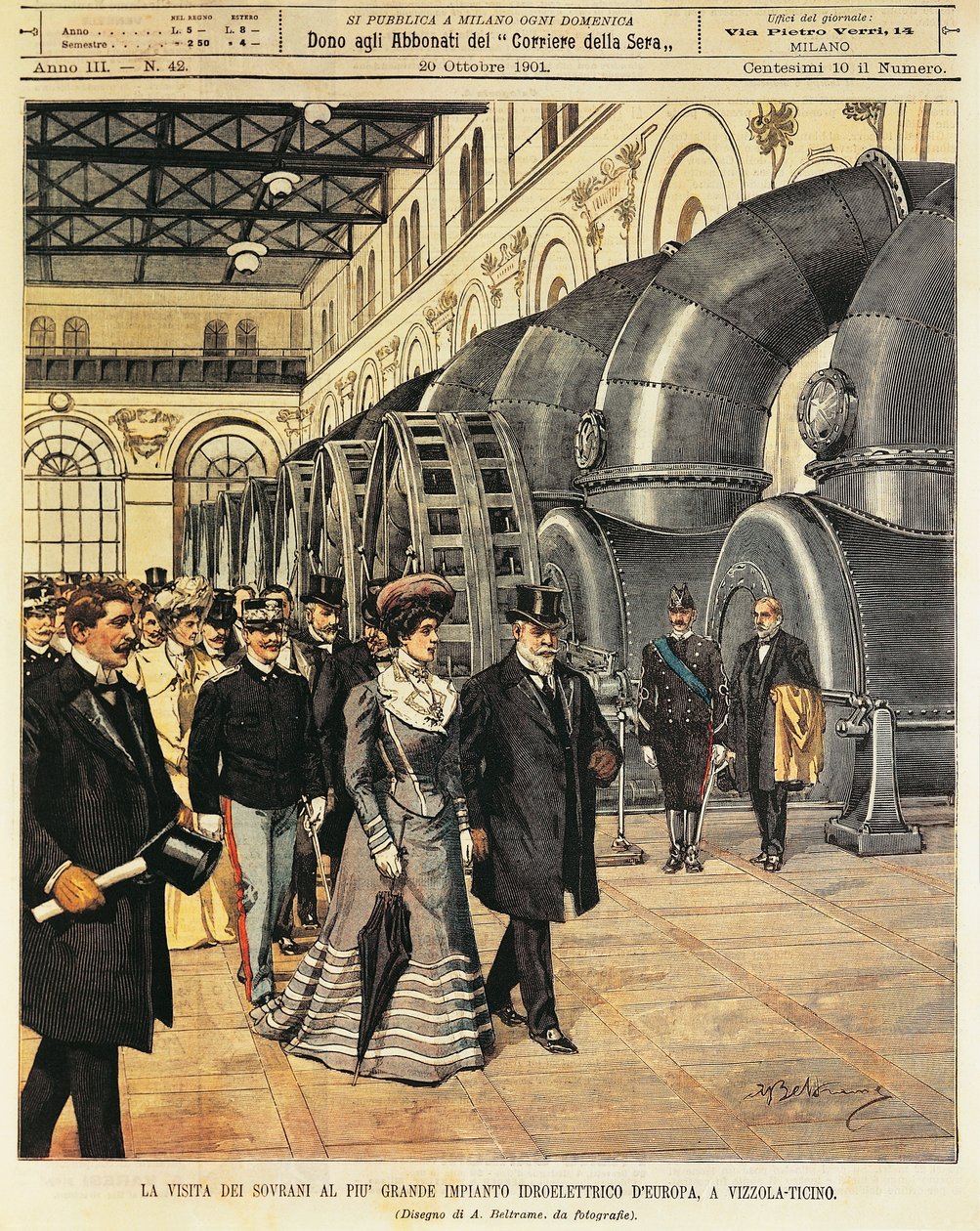 Reales visitando la mayor central hidroeléctrica de Europa en Vizzola Ticino (Italia), por Achille Beltrame, de La Domenica del Corriere, 20 de octubre de 1901 de Achille Beltrame