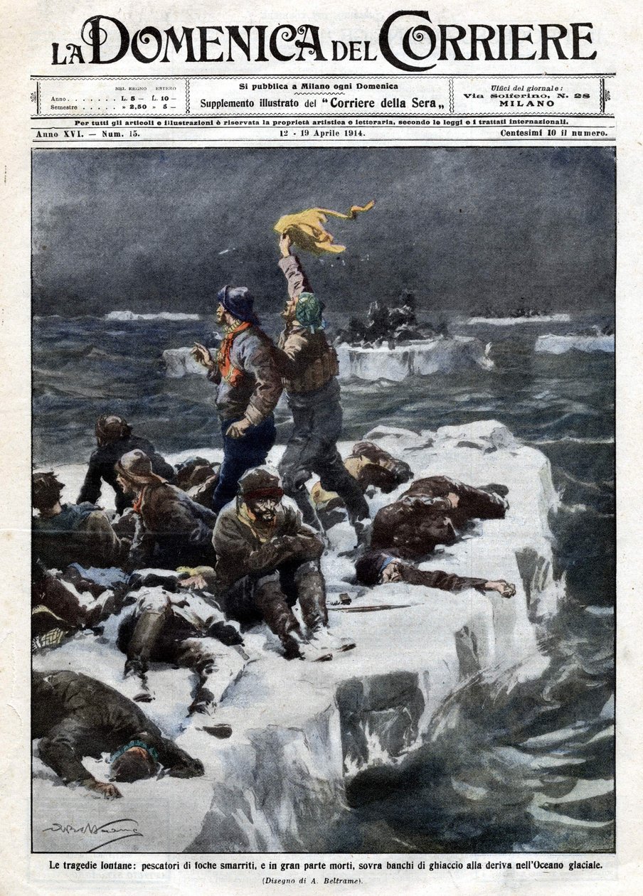 Pescadores de focas, algunos de los cuales murieron, quedaron varados en el hielo a la deriva del océano. Ilustración de Beltrame. La Domenica del Corriere. 12-19/04/1914. de Achille Beltrame