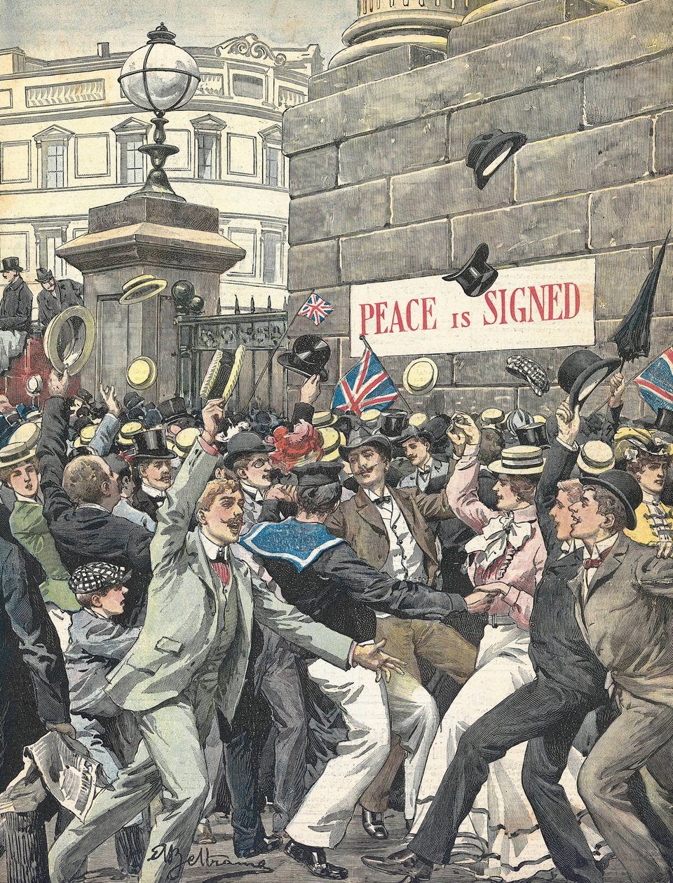 Segunda Guerra Bóer. Anuncio del fin de la guerra en las calles de Londres. Ilustración de Antonio Beltrame. “La Domenica del Corriere” de Achille Beltrame