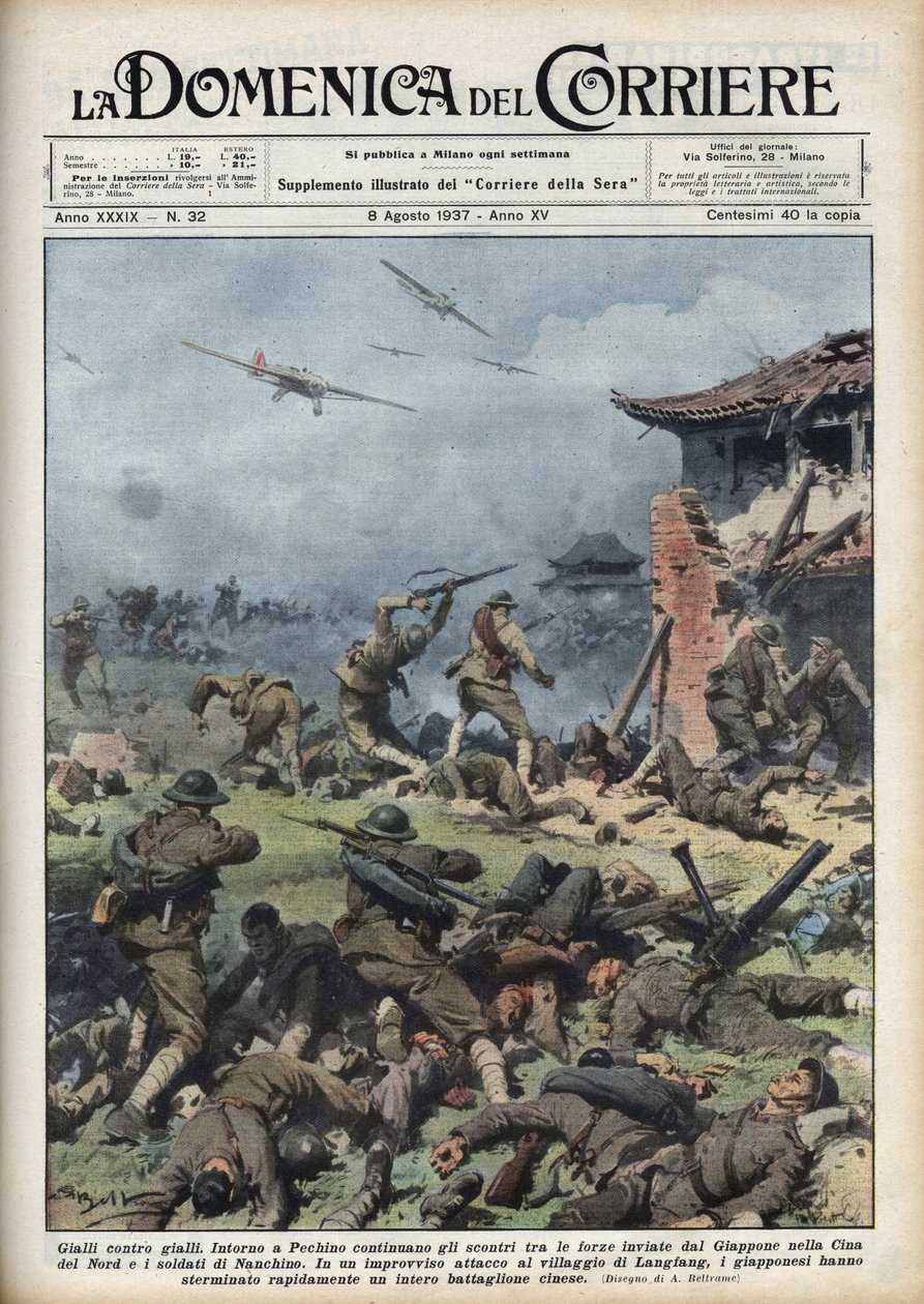 Segunda Guerra Sino-Japonesa (1937-1945): enfrentamientos entre armas japonesas y chinas cerca de Pekín, los japoneses exterminan rápidamente a todo un batallón chino. Ilustración de Achille Beltrame en 