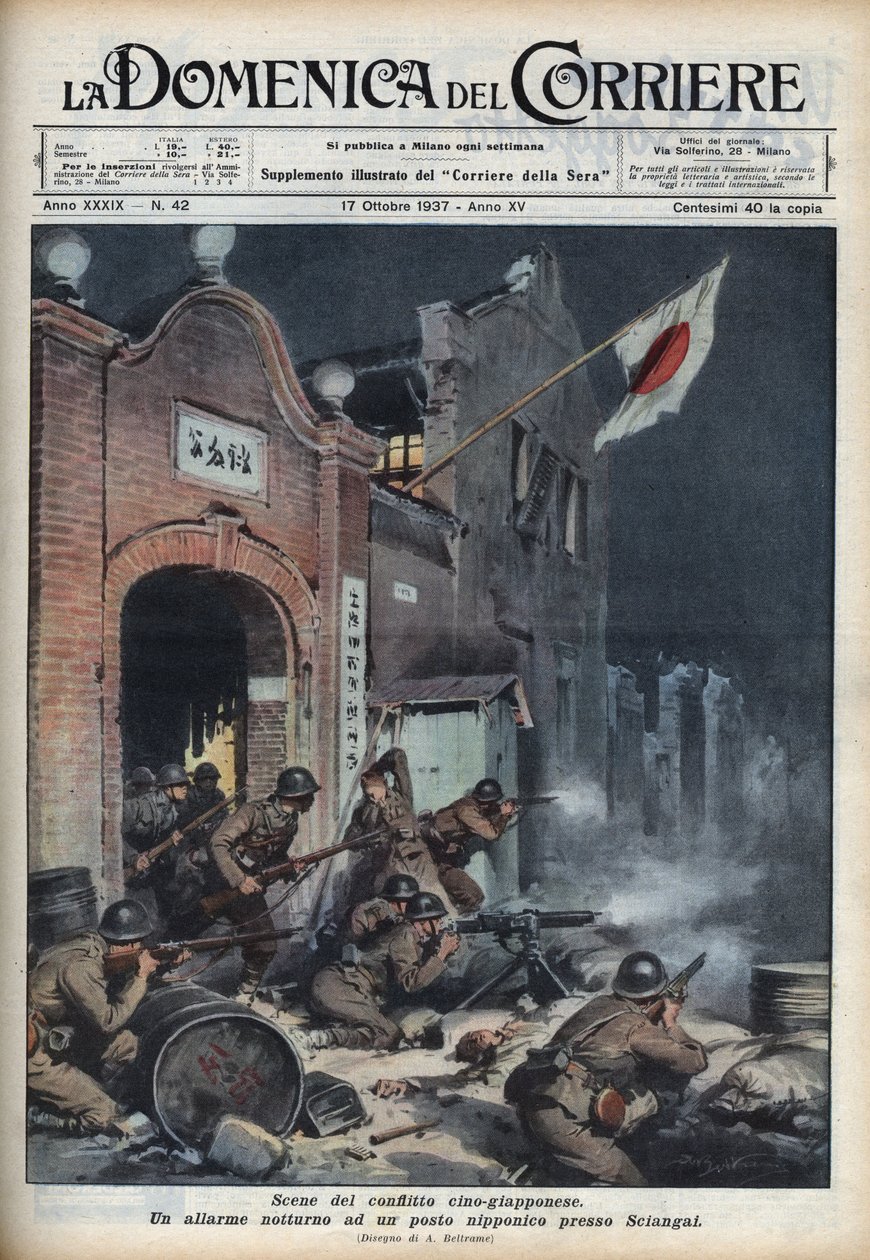 Segunda Guerra Sino-Japonesa (1937-1945): enfrentamientos cerca de Shanghái. Ilustración de Achille Beltrame en “La domenica del corriere” del 17/10/1937. de Achille Beltrame