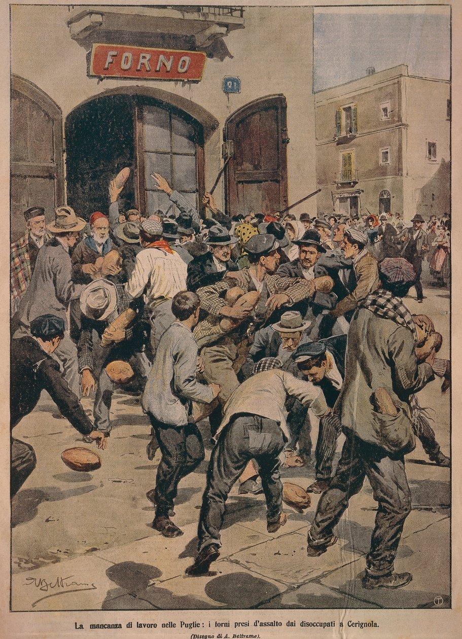 Graves escaseces de trabajo en Apulia, hornos asaltados por los desempleados de Cerignola, por Achille Beltrame, ilustración, Ilustrador Achille Beltrame (1871-1945), de La Domenica del Corriere, 20 de diciembre de 1908 de Achille Beltrame