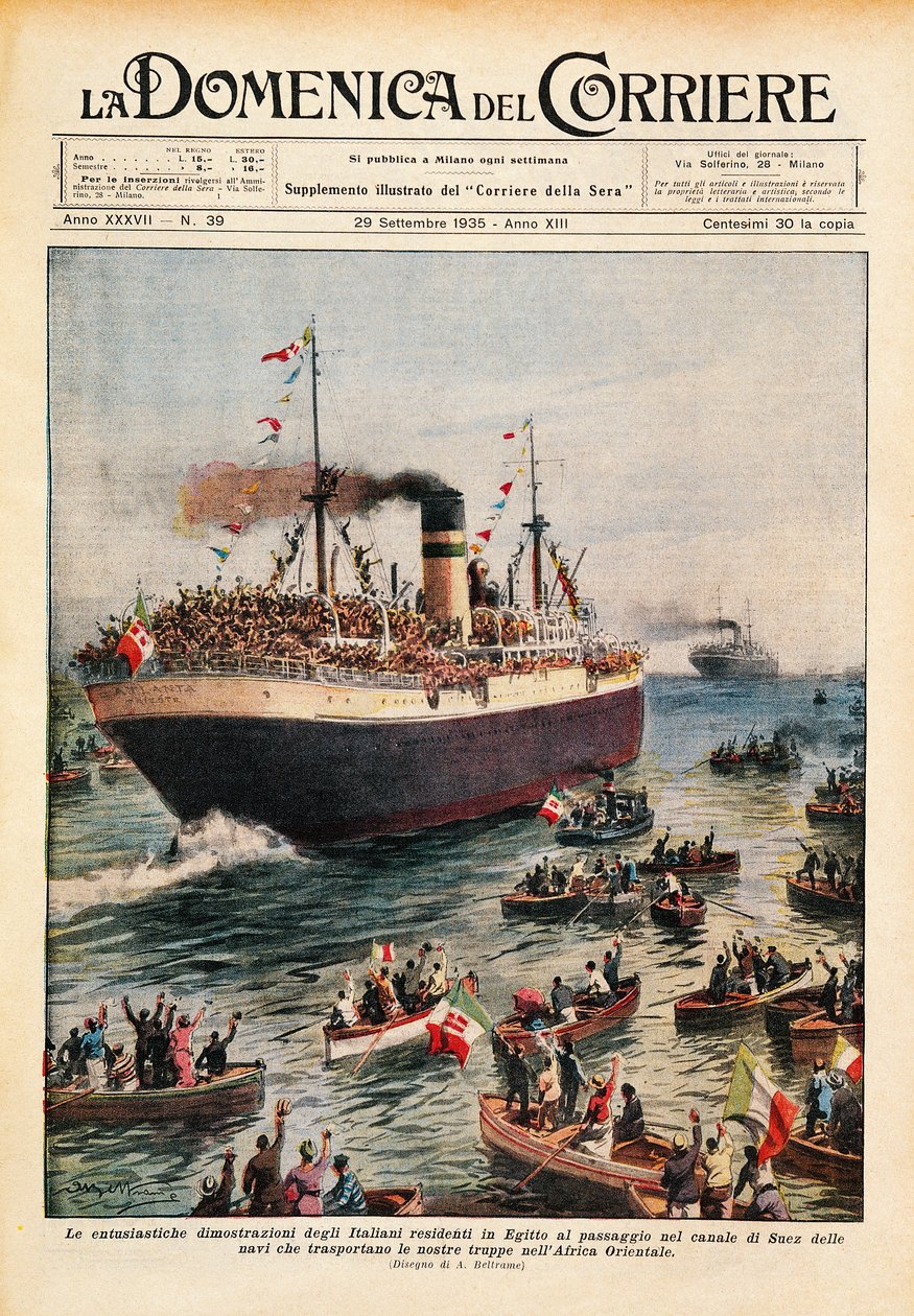 Barcos transportando tropas italianas a África Oriental cruzando el Canal de Suez, ilustración de La Domenica del Corriere, 20 de octubre de Achille Beltrame