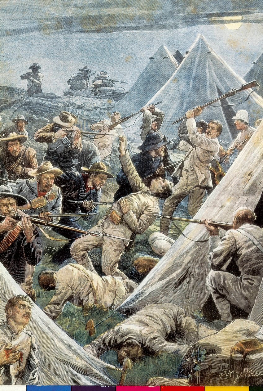 Sudáfrica. Segunda Guerra Bóer. Ataque al campamento inglés de Tweefontein (1902). Ilustración de Achille Beltrame. Grabado. de Achille Beltrame