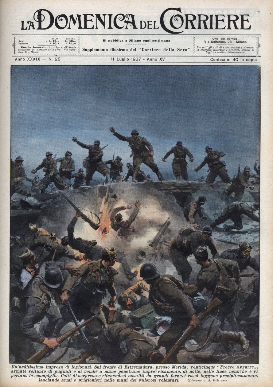 Guerra Civil Española: Una división de voluntarios italianos huye del Ejército Republicano Español en la región de Mérida, España. Ilustración de Achille Beltrame en “La domenica del Corriere” del 11/07/1937. de Achille Beltrame