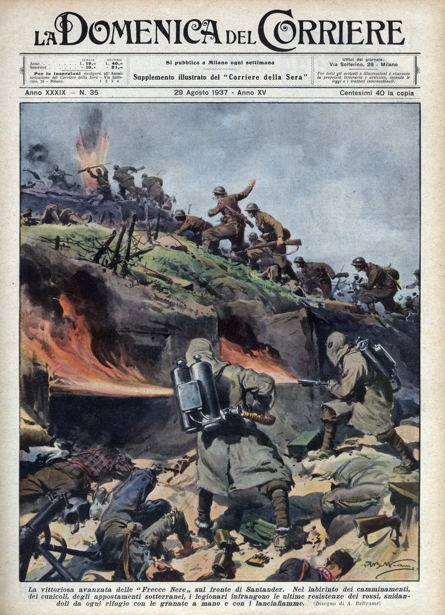 Guerra Civil Española: Avance de las brigadas “Frecce nere” en el frente de Santander. Ilustración de Achille Beltrame en “La domenica del corriere” del 29/08/1937. de Achille Beltrame