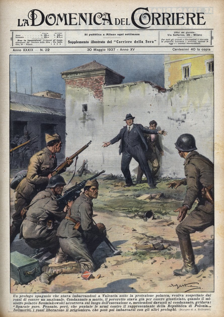 Guerra Civil Española: Diplomático polaco capturado al embarcar en Valencia para Polonia escapó por poco de la ejecución por tropas republicanas, gracias a la intervención del Ministro polaco Szumiakowski. Ilustración de Achille Beltrame en "La domenica de de Achille Beltrame
