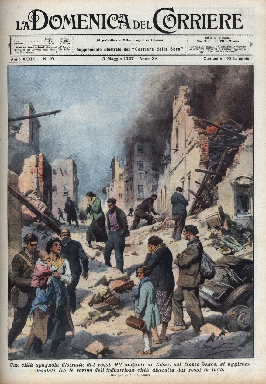 Guerra Civil Española: vista de las ruinas de la ciudad de Eibar en el País Vasco devastada por los rojos. Ilustración de Achille Beltrame en 