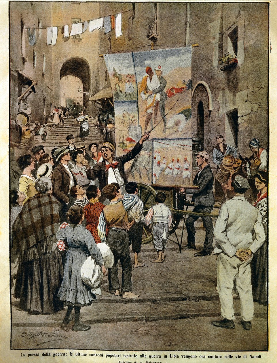 La Domenica del Corriere (periódico dominical italiano) del 8 de diciembre de 1910, canciones populares inspiradas en la guerra en Libia cantadas en Nápoles por cantantes de baladas, por Achille Beltrame, ilustración de Achille Beltrame