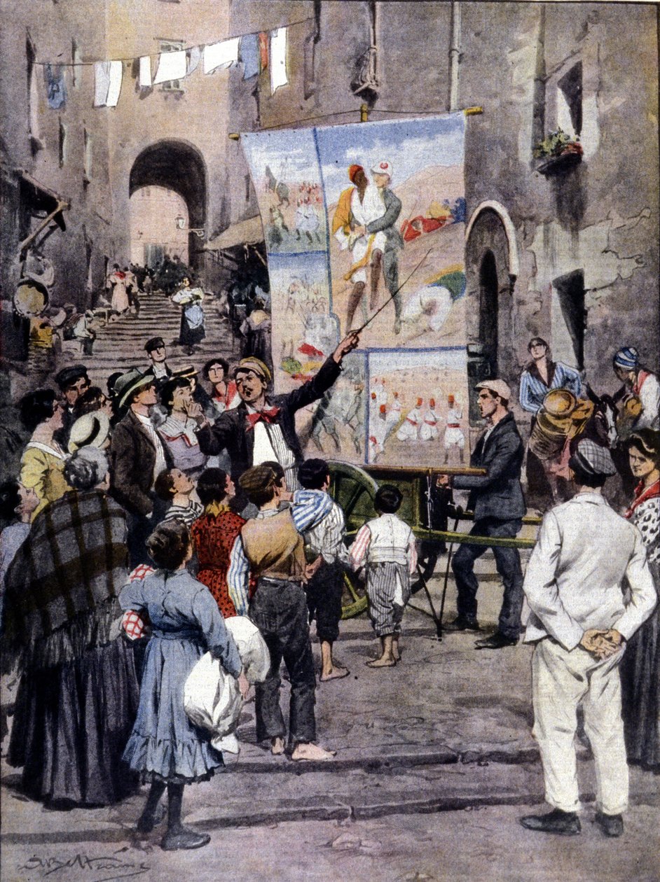 La poesía de la guerra: las últimas canciones populares inspiradas en la Guerra de Libia son cantadas en las calles de Nápoles por artistas callejeros. Ilustración de Beltrame. La Domenica del Corriere. 1912 de Achille Beltrame