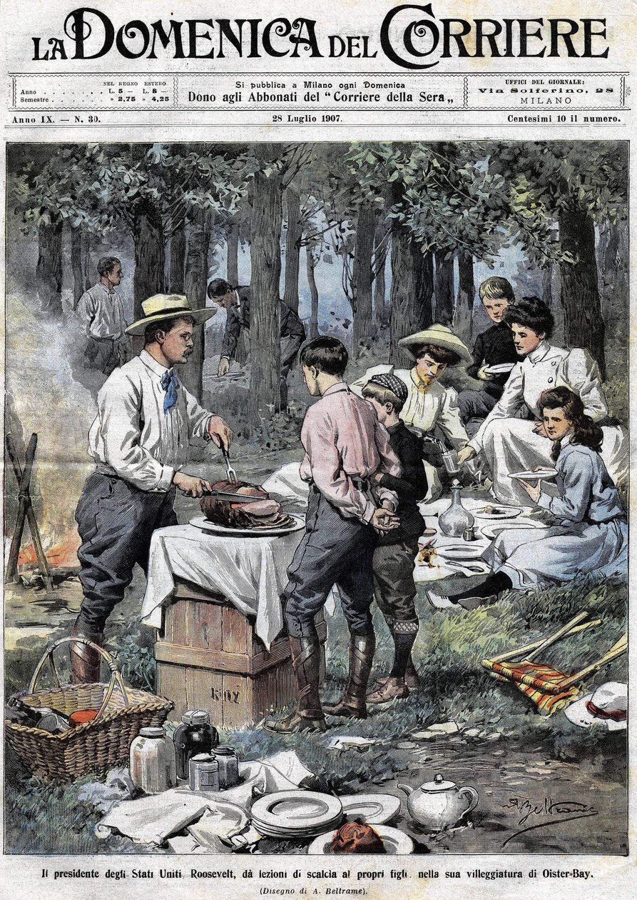 El presidente de los Estados Unidos Theodore Roosevelt (1858 - 1919) enseñó a sus hijos los deberes de un hombre de buena sociedad cortándole la pierna durante un picnic en su segunda residencia en Oister Bay. Ilustración de Achille Beltrame. La Domenica d de Achille Beltrame