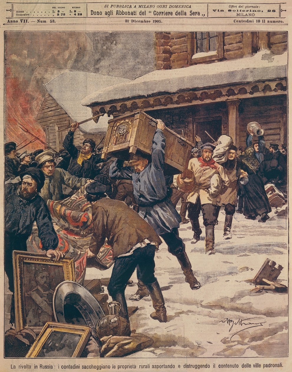 La Revolución Rusa: Campesinos saqueando propiedades de los ricos rurales, por Achille Beltrame, de La Domenica del Corriere, diciembre de 1905 de Achille Beltrame