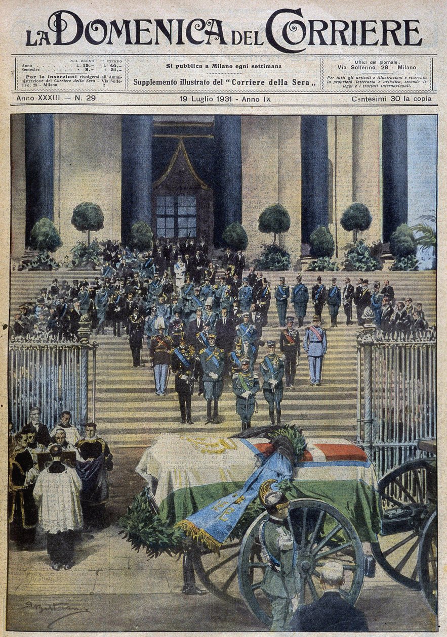 La bendición de los restos mortales del Duque de Aosta en Turín, después de que el cortejo fúnebre cruzara toda la ciudad - dib. de A. Beltrame en "la Domenica del Corriere" del 19/07/1931 de Achille Beltrame