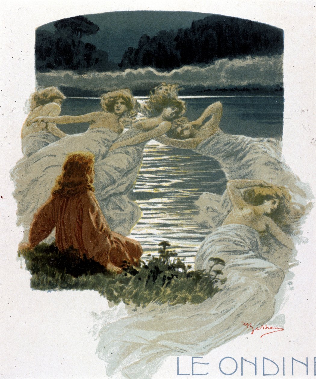 Los personajes de las ondinas, jóvenes ninfas de las aguas de la mitología germánica. Ilustración de A. Beltrame de Achille Beltrame