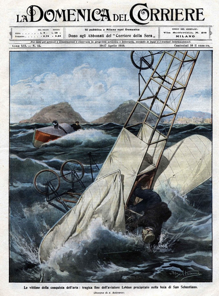 El drama del aire: el trágico final del aviador Leblon precipitado en la bahía de San Sebastián. Ilustración de Beltrame. La Domenica del Corriere. 10-17/04/1910 de Achille Beltrame