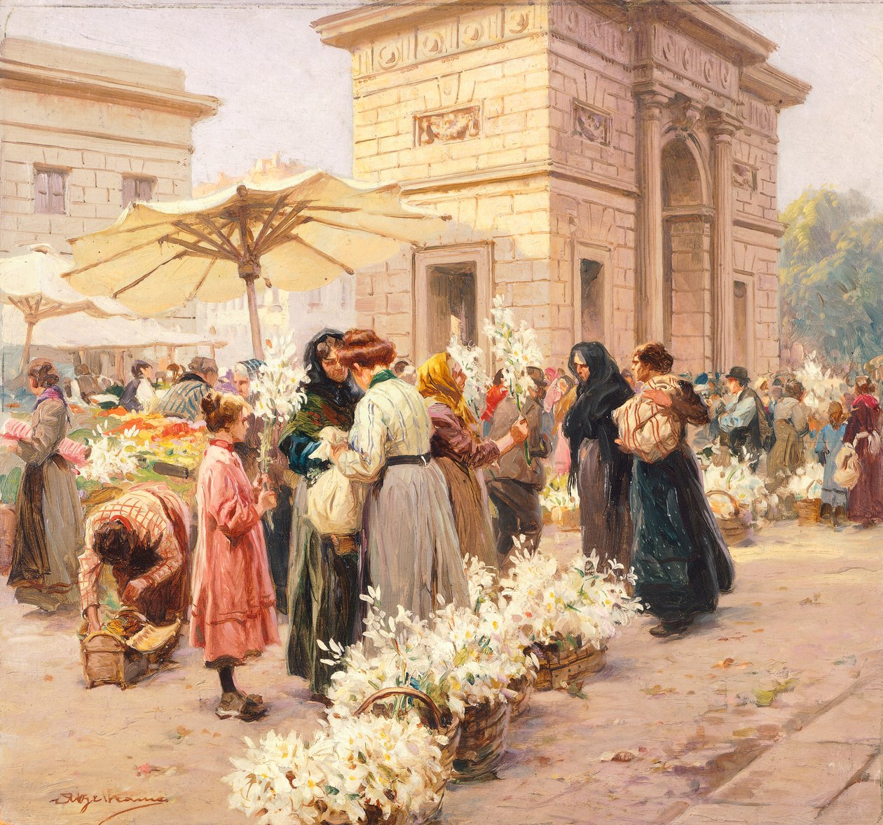 El mercado de lirios en Porta Garibaldi en Milán, por Achille Beltrame (1871-1945), de La Domenica del Corriere, Italia siglo XX de Achille Beltrame