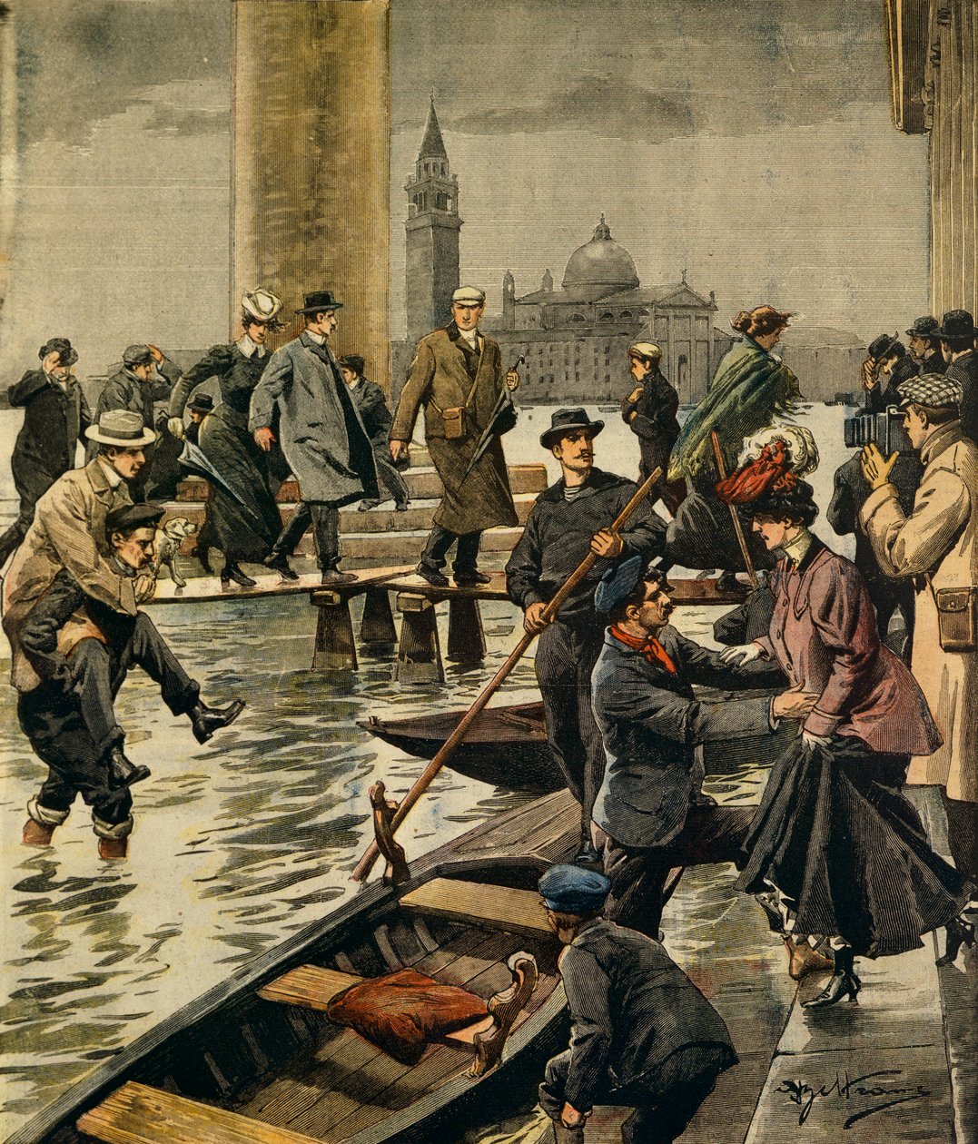 El fenómeno de la marea alta en la Plaza de San Marcos en Venecia, por Achille Beltrame (1871-1945), de La Domenica del Corriere de Achille Beltrame