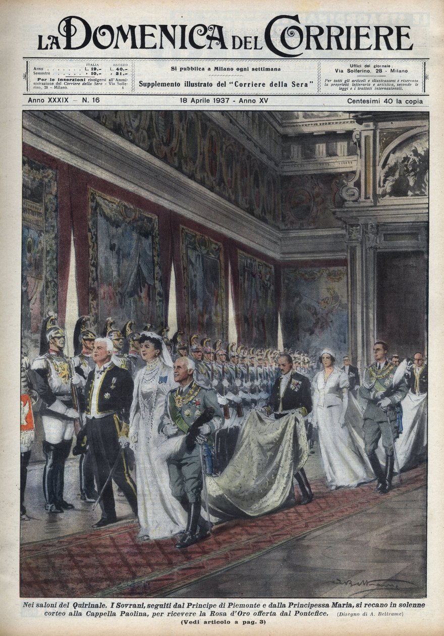 La pareja real, Víctor Manuel III (Vittorio Emanuele III) (1869-1947) y su esposa Helena de Montenegro seguidos por el Príncipe Humberto II y María José (María José de Bélgica, María José de Saboya) van a la Capilla Paolina de Achille Beltrame