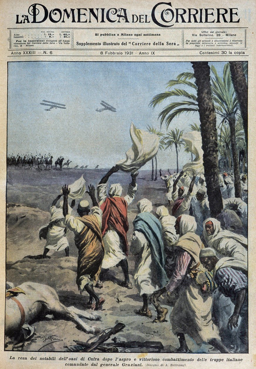 La rendición de los notables del oasis de Koufra después de la difícil y victoriosa batalla de las tropas italianas comandadas por el General Graziani - dibujo de A. Beltrame en 