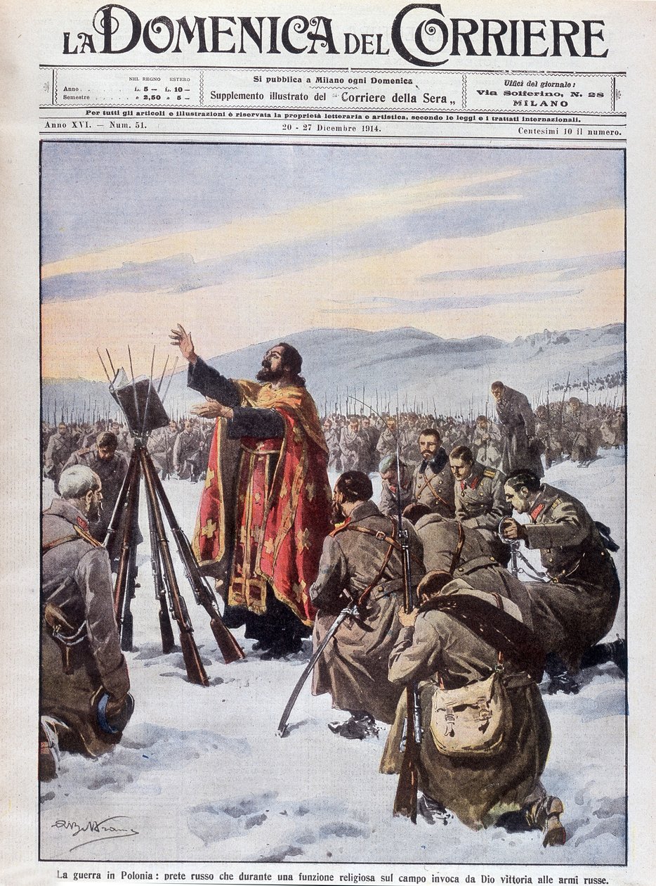 La guerra en Polonia, un sacerdote ruso invocando a Dios para ayudar al ejército ruso, en una misa en el campo de batalla. Portada de 