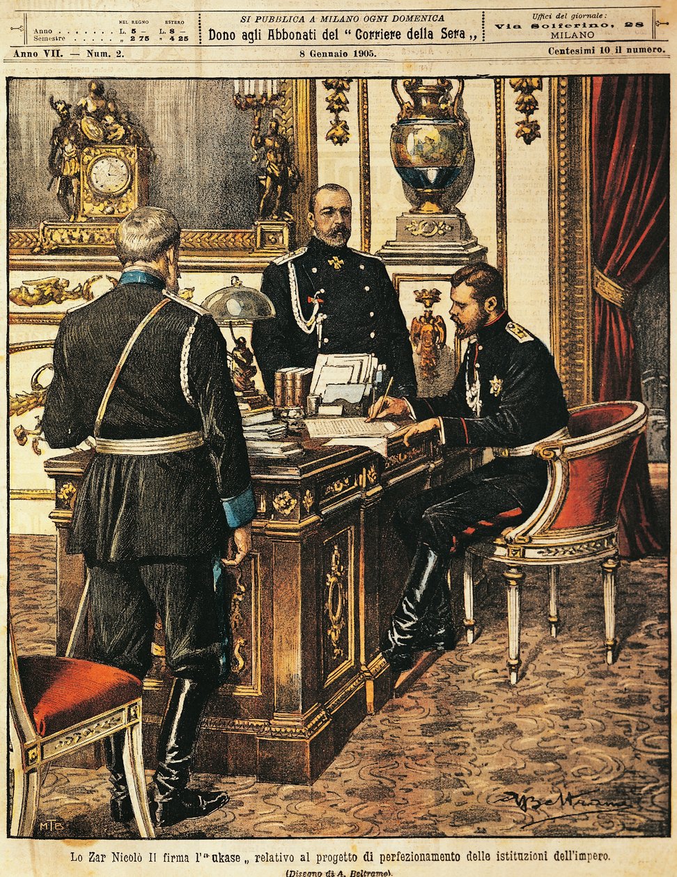 El zar Nicolás II firmando el proyecto de reformas institucionales, 8 de enero de 1905 de Achille Beltrame