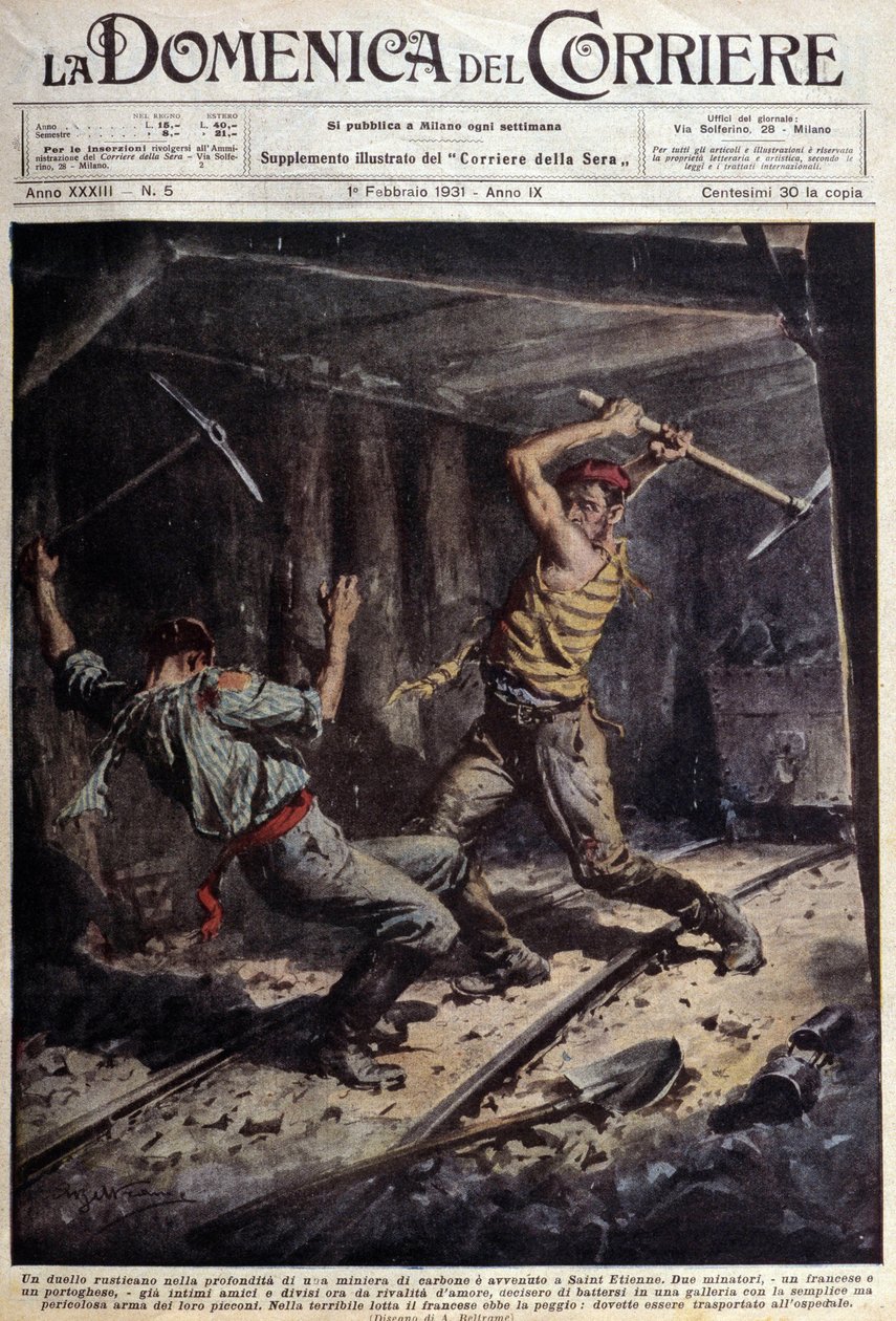 Dos mineros franceses y portugueses peleando con sus hachas en una galería por una historia de amor - dibujo de A. Beltrame, en “La Domenica del Corriere” del 1 de febrero de Achille Beltrame
