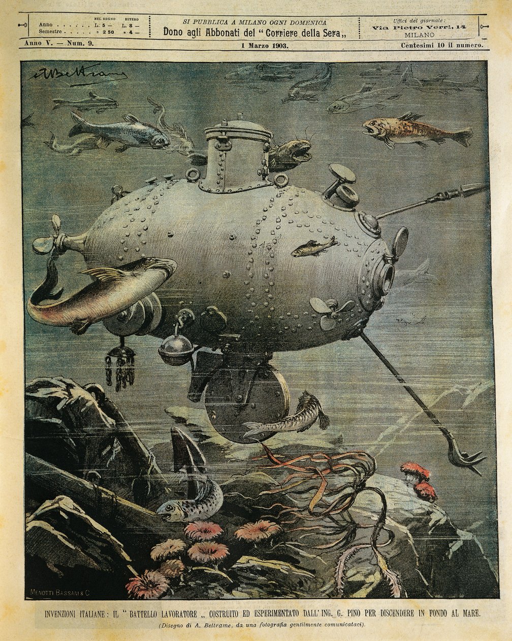 Nave submarina para explorar el fondo marino, ilustración de Achille Beltrame (1871-1945), de La Domenica del Corriere, 1 de marzo de Achille Beltrame