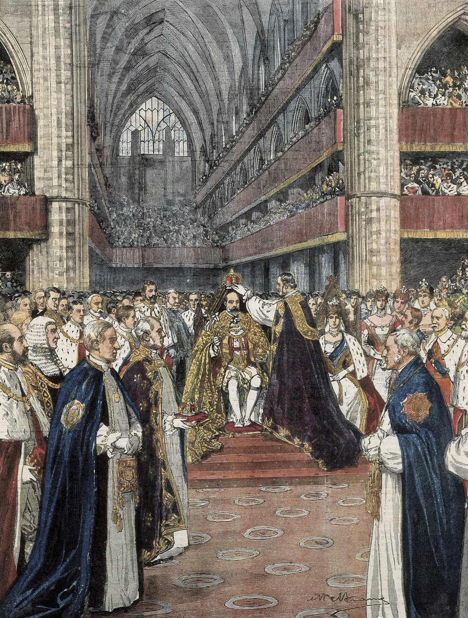 Reino Unido (1901). Coronación de Eduardo VII en la Abadía de Westminster. Ilustración de Achille Beltrame publicada en Domenica del Corriere. Grabado de Achille Beltrame