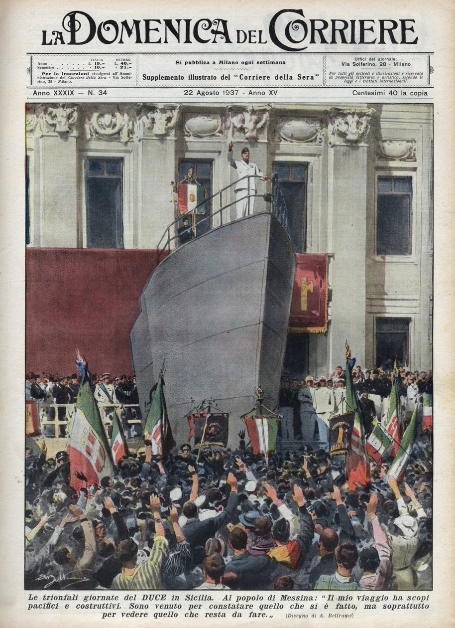 Visita del Duce Benito Mussolini a Messina durante un viaje a Sicilia. Ilustración de Achille Beltrame en “La domenica del corriere” del 22/08/1937. de Achille Beltrame