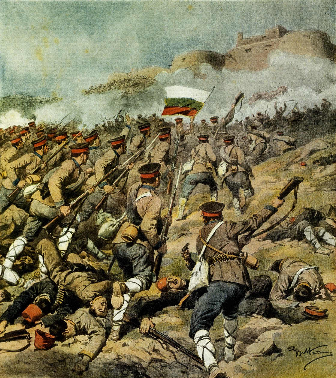 Guerra de las Cinco Naciones, el ejército búlgaro avanza hacia Adrianópolis y captura Kirk Kilisse y un impresionante botín militar, por Achille Beltrame, ilustración de La Domenica del Corriere, 3 de noviembre de 1912 de Achille Beltrame