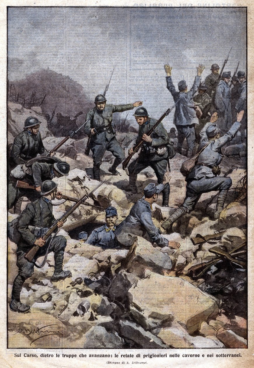 Primera Guerra Mundial: frente italiano en la meseta del Carso (Trentino) y prisioneros en el subsuelo. “Domenica del Corriere”. 07/1917 (litografía) de Achille Beltrame