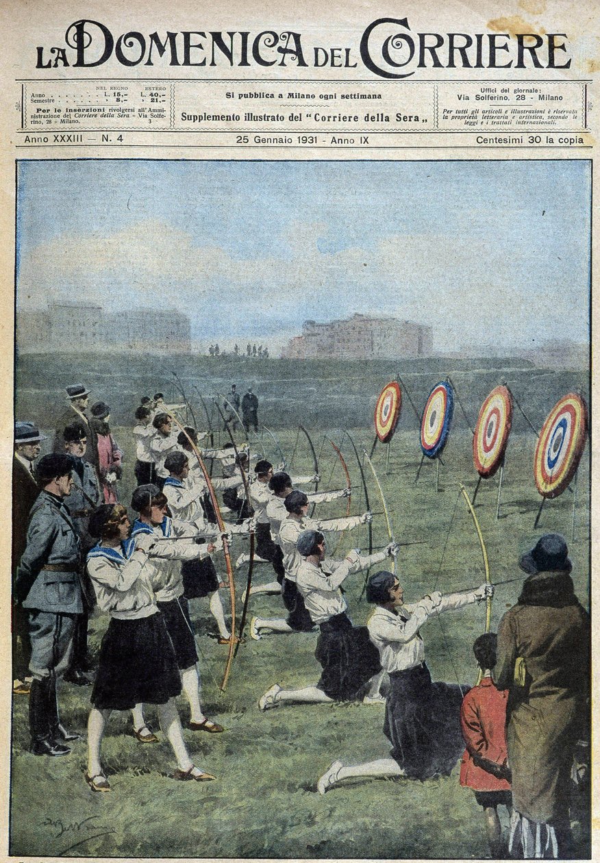 Jóvenes italianos son entrenados en ejercicio físico en homenaje a la antigua máxima "Una mente sana en un cuerpo sano". En el campo romano, en el río Tíber, un grupo de chicas practica tiro con arco - dib. de A. Beltrame en "la Domenica del Corriere" de Achille Beltrame