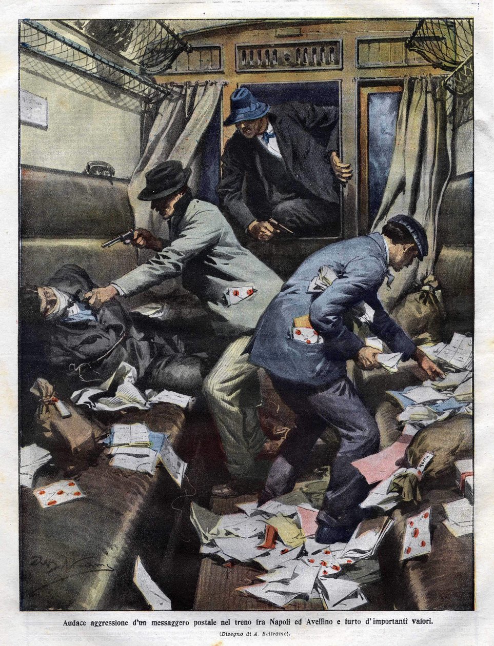 Bandidos asaltan un tren postal entre Nápoles y Avellino en 1910. Ilustración de Achille Beltrame para la Domenica del Corriere de Achille Beltrame