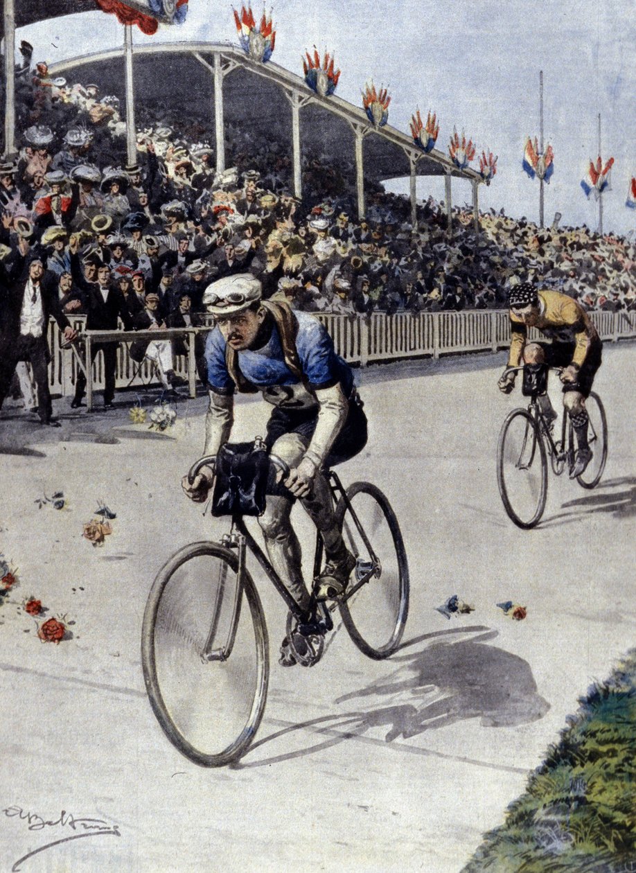 Ciclista Peer Breton ganador del Tour de Francia en 1908. Ilustración de Achille Beltrame de Achille Beltrame