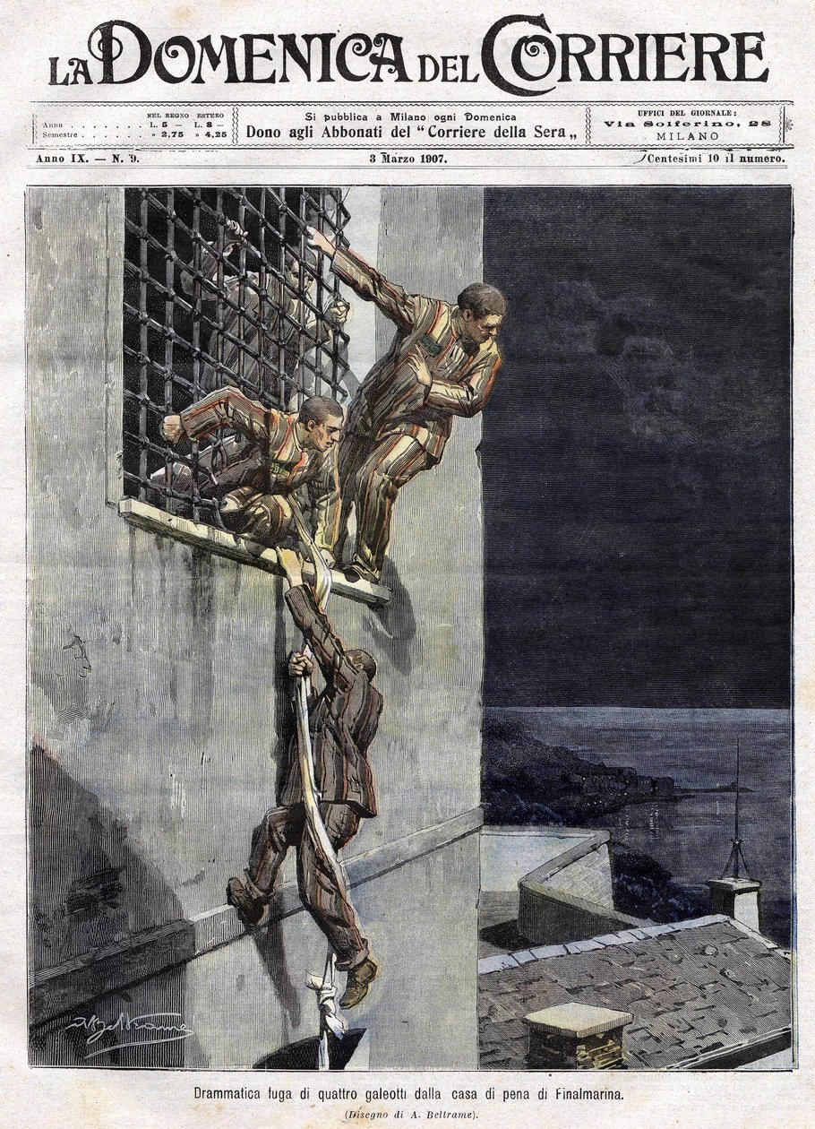 Escape de tres prisioneros de la prisión de Finalmarina en Italia en 1907. Ilustración de Achille Beltrame para la Domenica del Corriere del 3 de marzo de Achille Beltrame