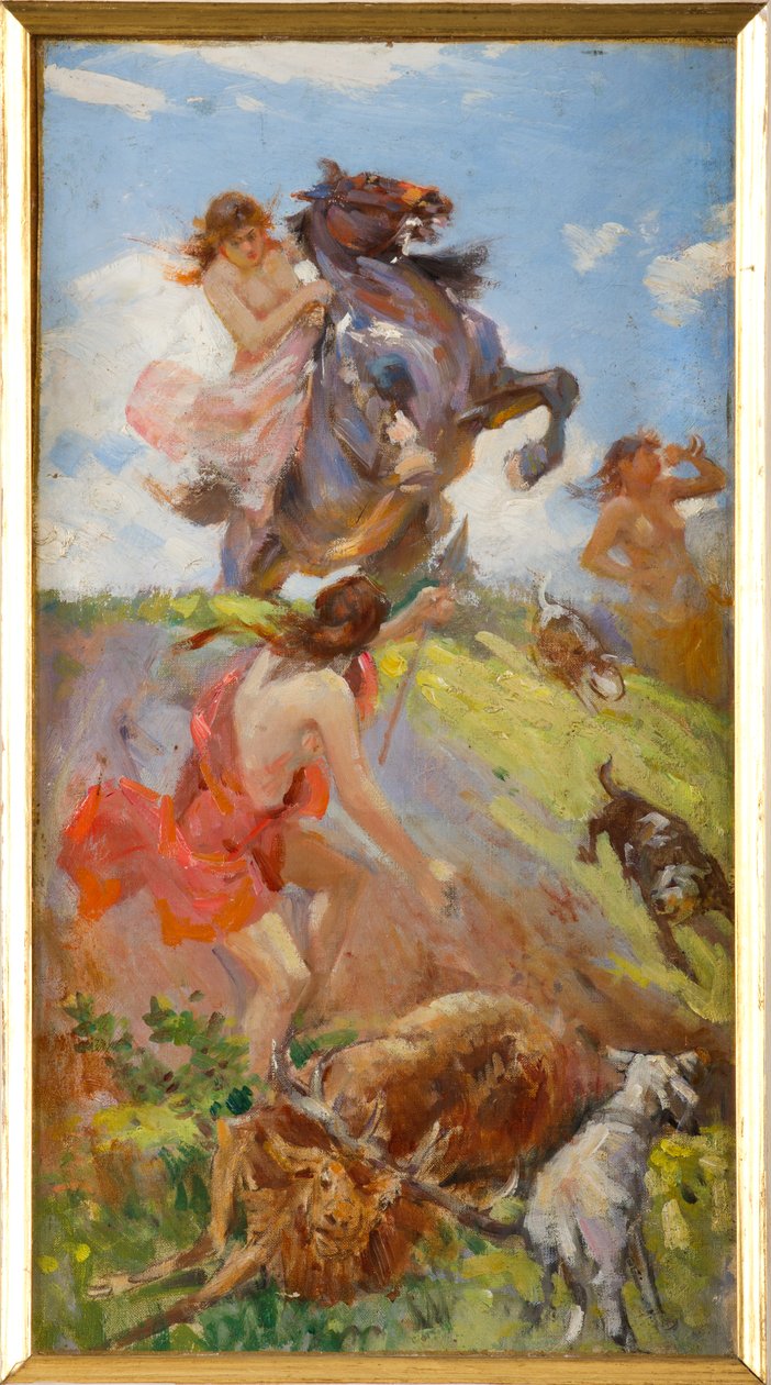 Amazonas cazando un ciervo (óleo sobre lienzo sobre cartón) de Achille Boschi