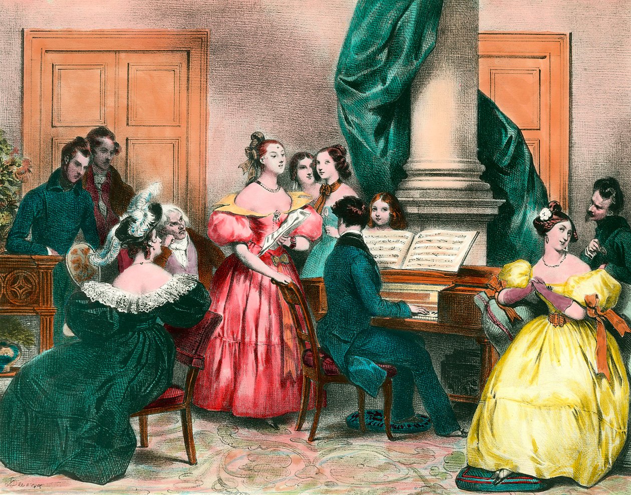 Una tarde musical en familia. Grabado de Achille Deveria (1800-1857). Grabado del siglo XIX. Colección privada de Achille Devéria