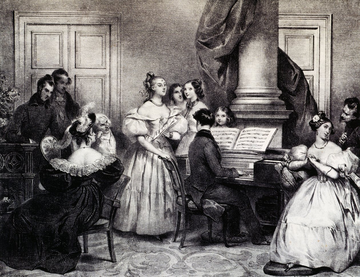 Concierto familiar con piano, de Achille Deveria (1800-1857), grabado, Francia de Achille Devéria