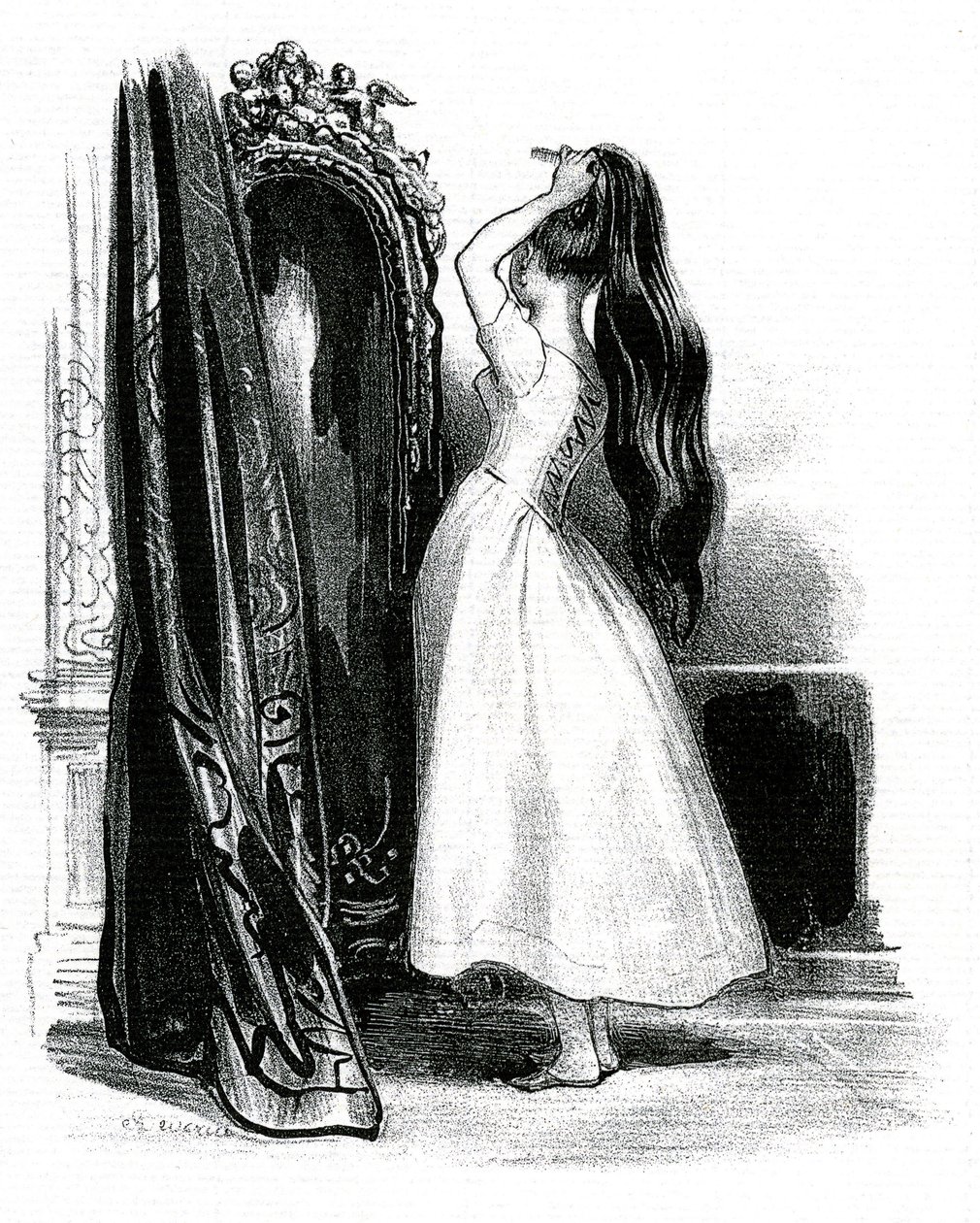 Madame Bovary, para la novela de Gustave Flaubert - Emma Bovary recoge su largo cabello frente a su espejo de Achille Devéria