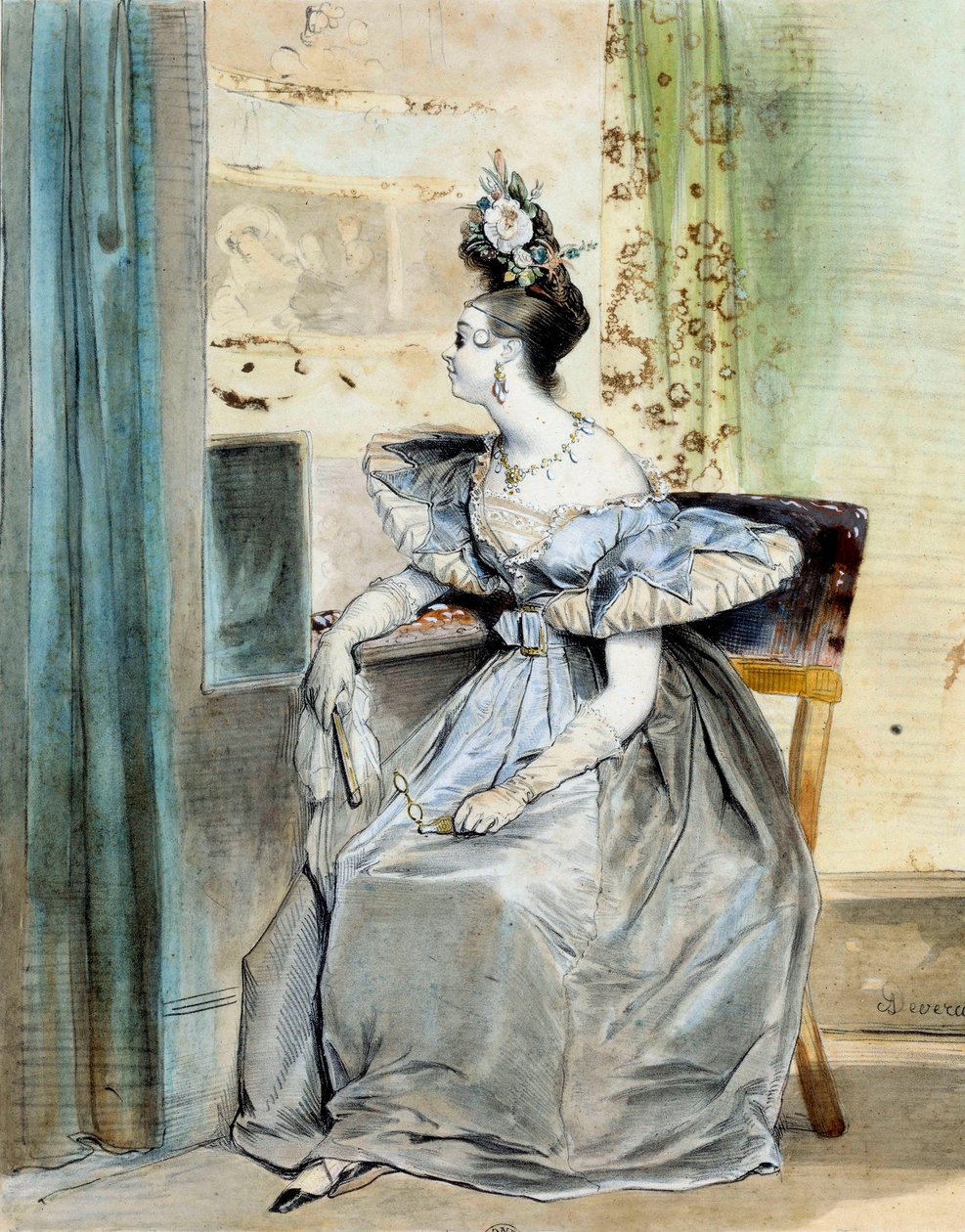 Retrato de Marie Nodier en un palco de teatro a las 10 en punto. Su padre Charles tenía un salón literario frecuentado por románticos (Victor Hugo, Lamartine, Vigny, Dumas, Liszt) y ella fue la musa de algunos de ellos de Achille Devéria