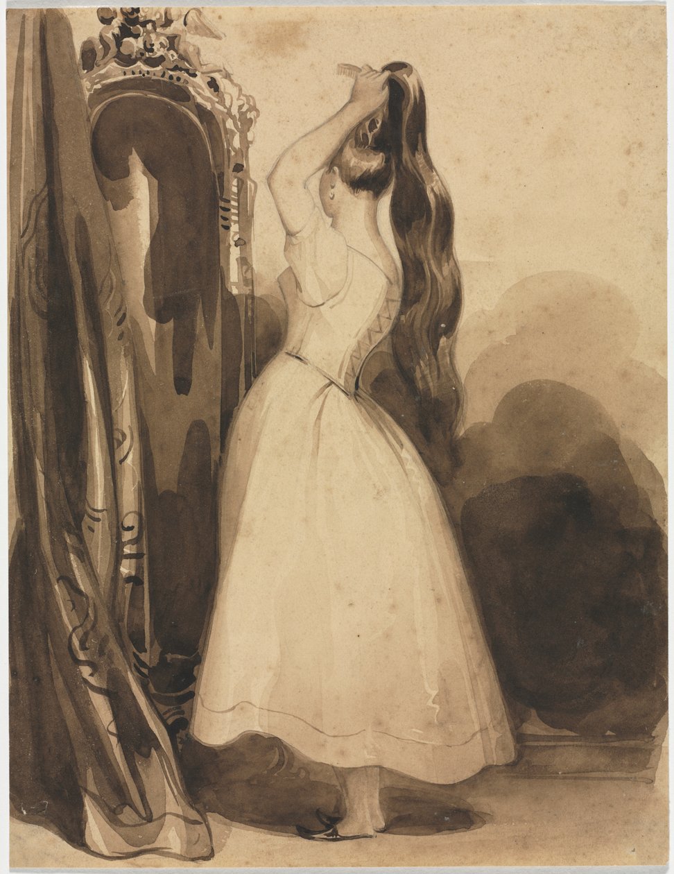 Mujer joven peinándose el cabello de Achille Devéria