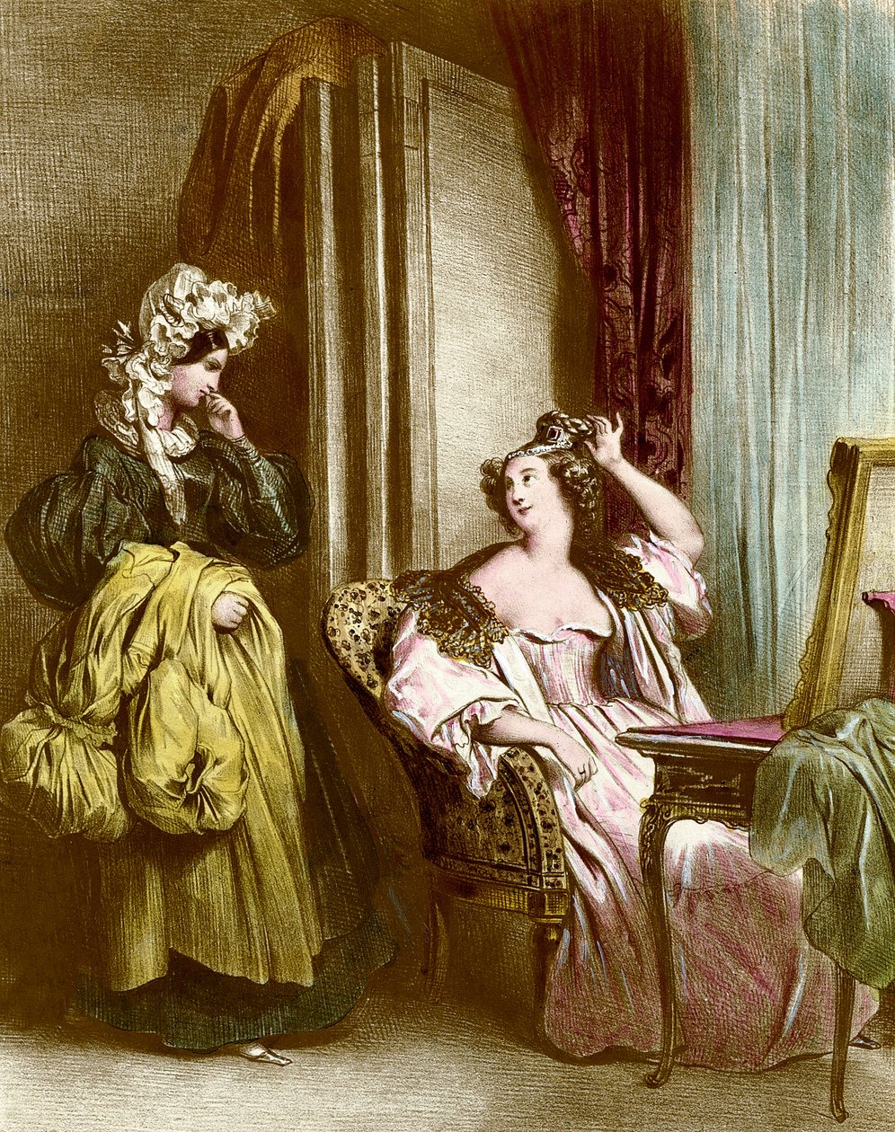 El tocador: una joven elegante con su doncella. Litografía de Achille Deveria (1800-1857) siglo XIX. Colección privada de Achille Devéria