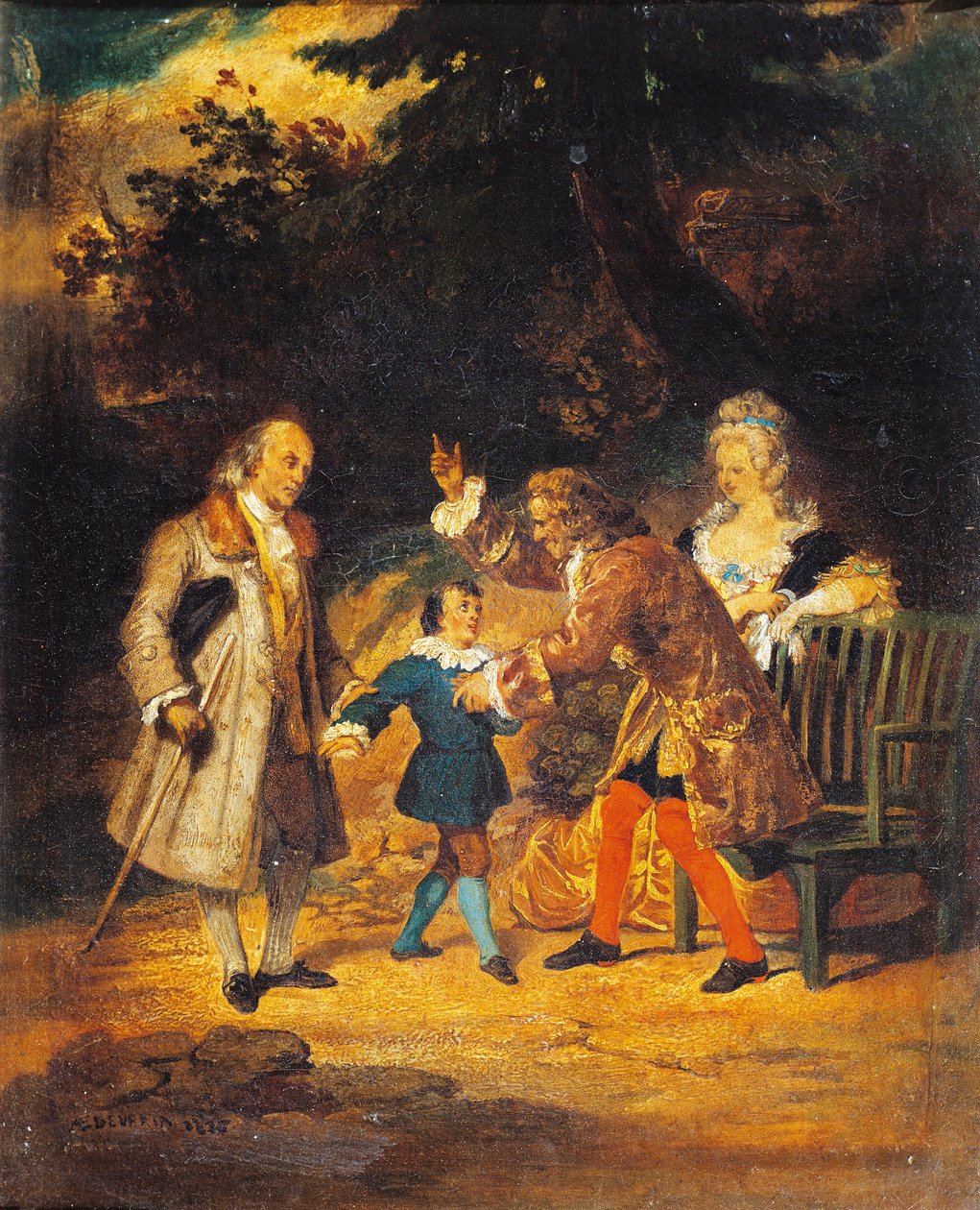 Voltaire (1694-1778) recibe a Franklin (1706-1790) y a su sobrino de Achille Devéria