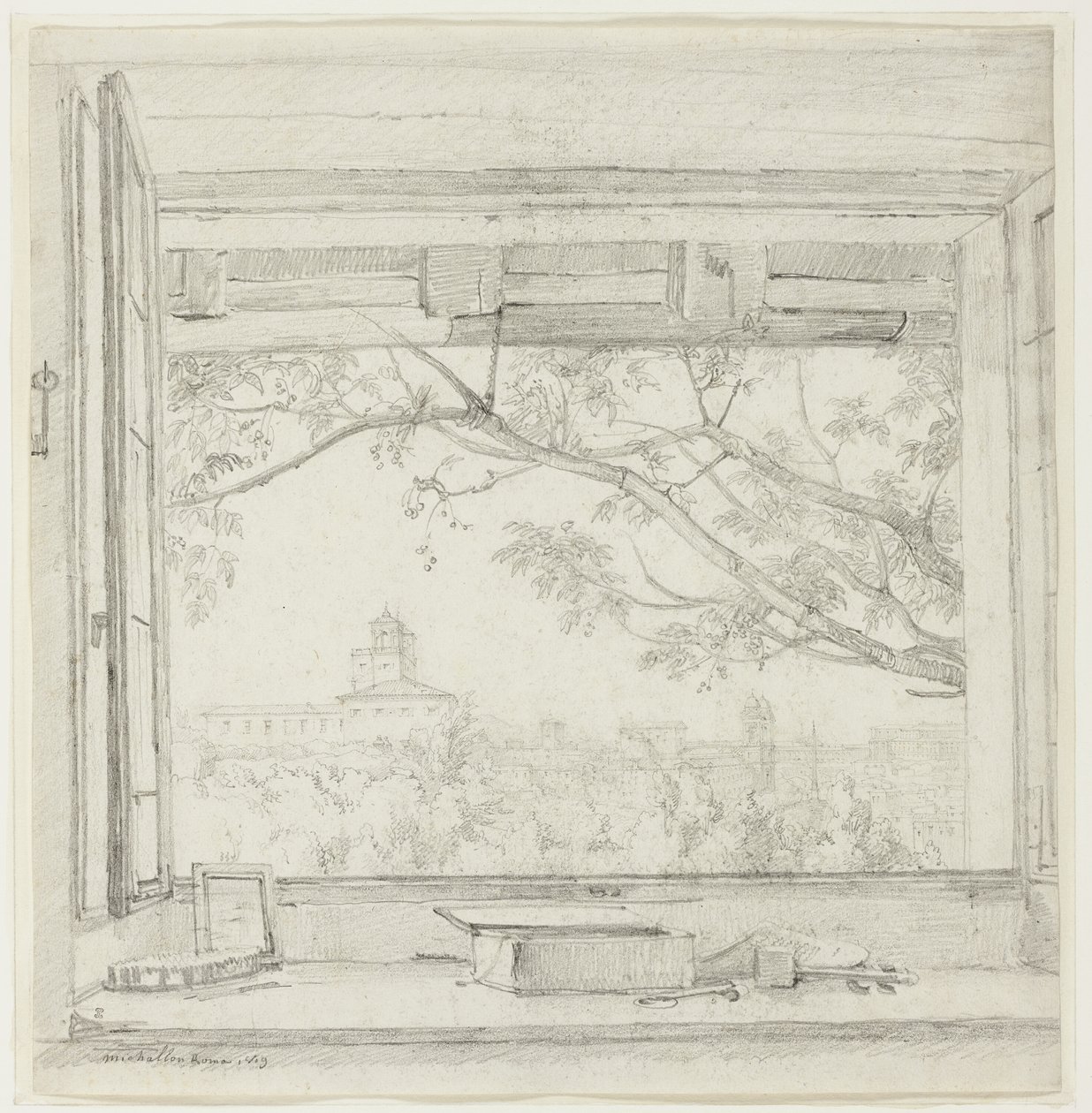 Vista de la Villa Médicis y Sta Trinità dei Monti desde el estudio de Ingres en el Pabellón San Gaetano, Roma de Achille Etna Michallon