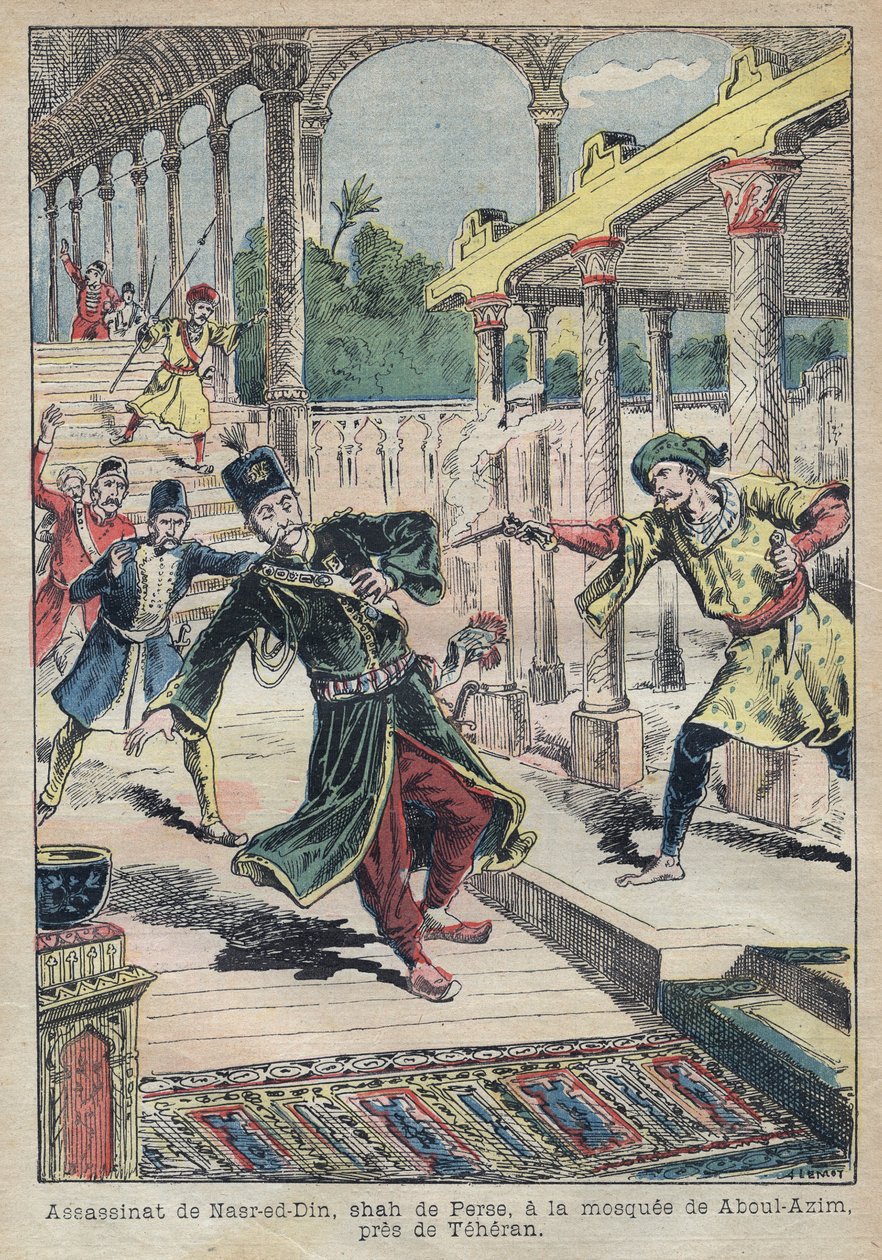 Asesinato de Nasser Ed Din (1831-1896), Shah de Persia (Irán) en 1896 - Ilustración de Achille Lemot para Le-Pelerin de 1896 de Achille Lemot