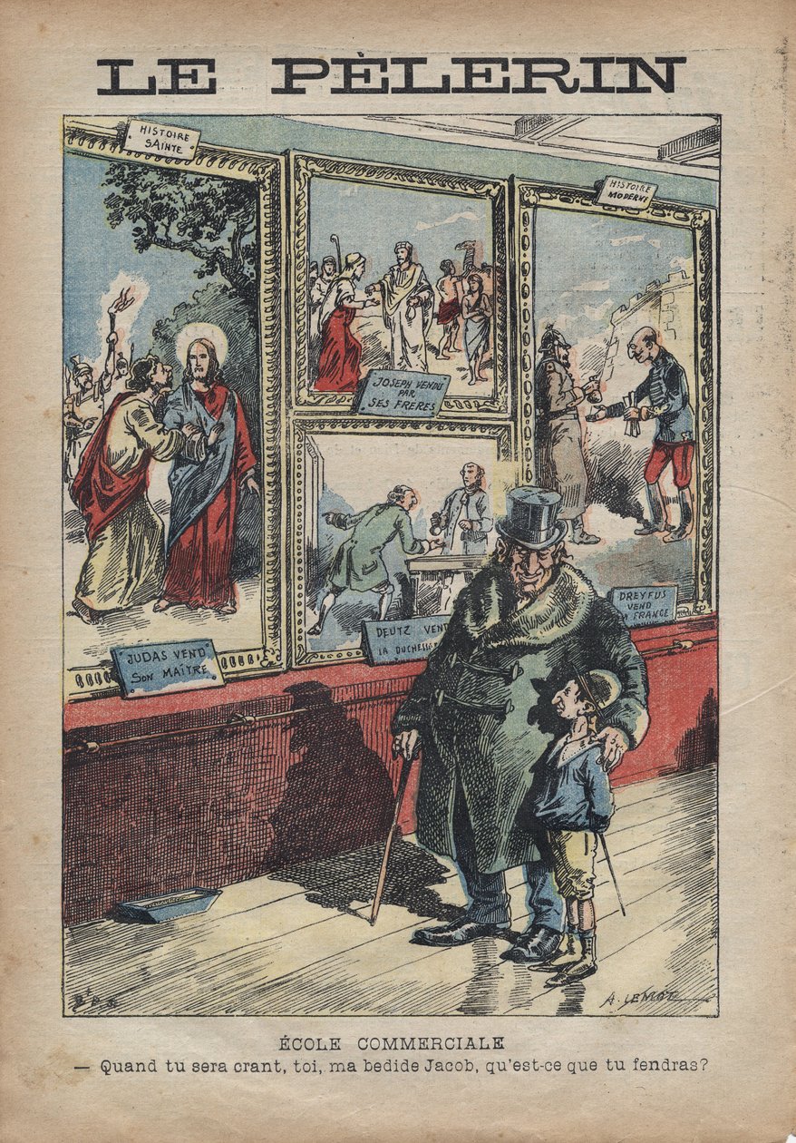 Caricatura antisemita de Achille Lemot para "Le-Pelerin" de septiembre de 1896 - Escuela Comercial: cuando te conviertas en un crant, mi cama Jacob, ¿qué dividirás? de Achille Lemot