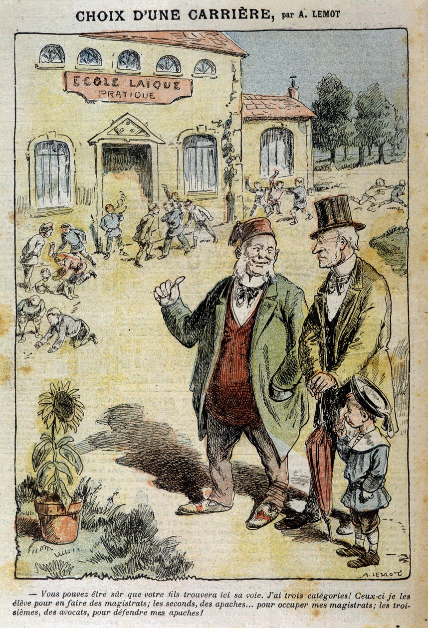 Elección de una carrera: Caricatura sobre la Escuela Laica - por Achile Lemot (1846-1909), en “Le Pelerin” del 04/04/1909 de Achille Lemot