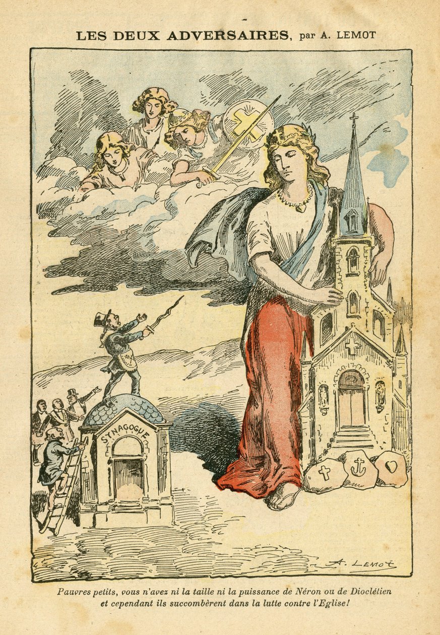 Ilustración de Achille Lemot en Le Pelerin, 09/09/06 - Los dos adversarios - Antisemitismo, Religión Fe, Bandera tricolor, Catedrales Iglesias, Sinagoga, Catolicismo - Alegoría, Cambio de escala de Achille Lemot