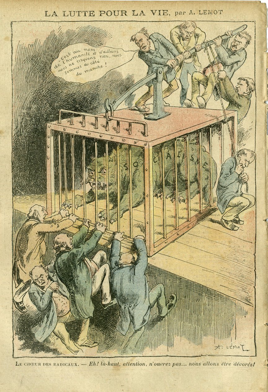 Ilustración de Achille Lemot (1846-1909) en Le Pelerin, 21/04/07 - La lucha por la vida - Socialismo, Radical-Socialismo - Animalización de Achille Lemot