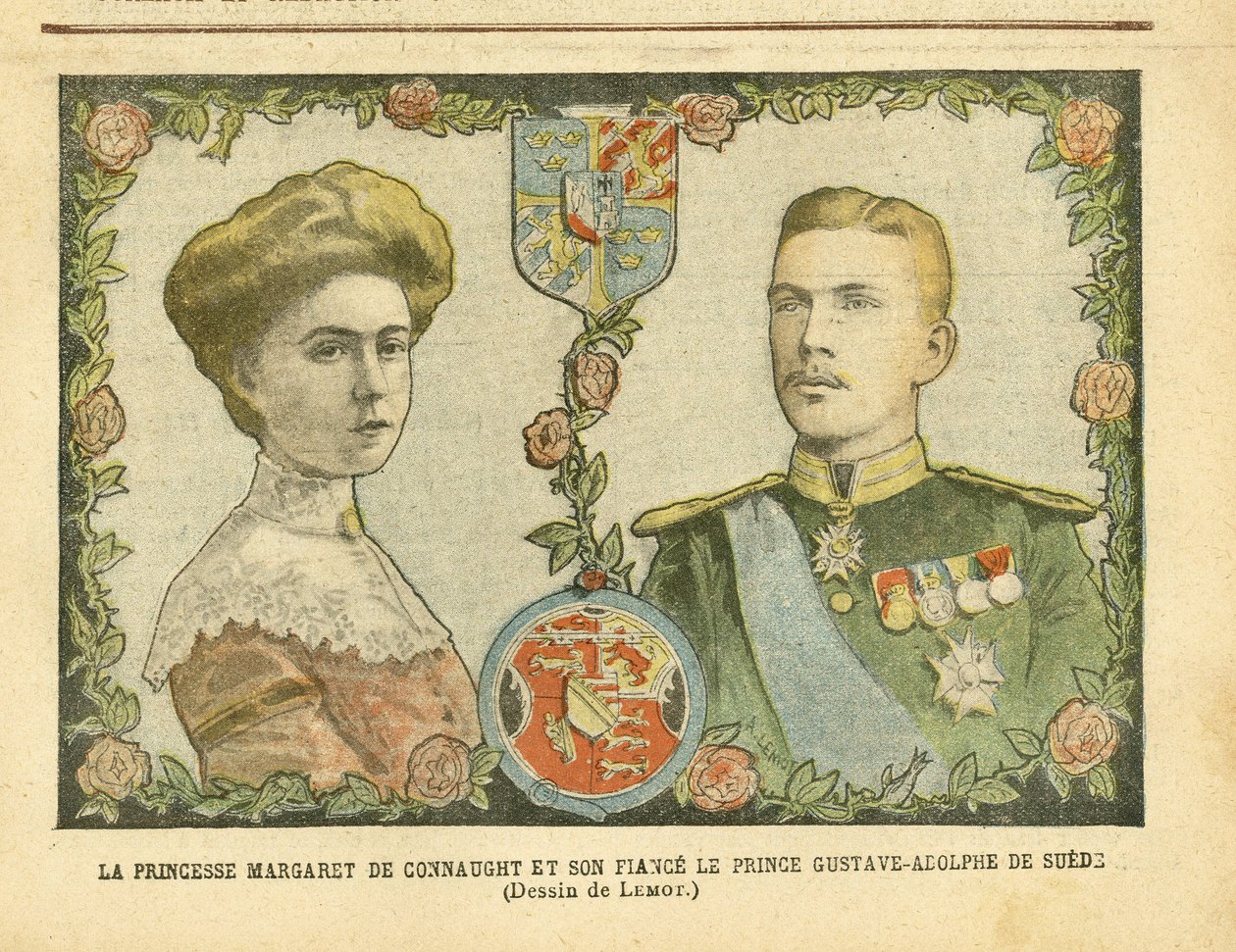Ilustración de Achille Lemot (1846-1909) en Le Pelerin, 21/05/05 - Princesa Margarita de Connaught y su prometido el príncipe Gustavo-Adolfo de Suecia - Monarquía, Medalla, Soberano extranjero, Suecia - De Connaught Margarita (1882-1920), Gustavo IV Adolfo de Achille Lemot